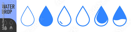Water drop icon set in outline and solid styles, clean minimal shapes for fluid, rain, weather, and liquid UI design. Color icon set