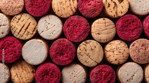 Many cork stoppers in various colors are placed close together on a flat surface. The setting has good light that shows the details in the cork and colors.