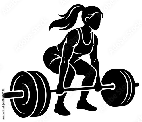 Female weightlifter silhouette performing a barbell deadlift with bent knees and firm grip during strength training.