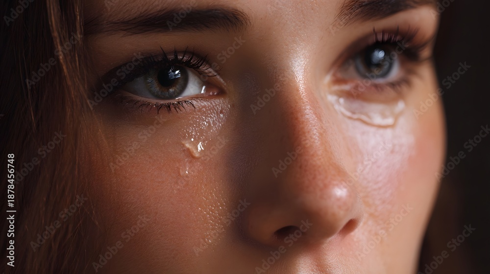 Fototapeta premium Close up of a woman s face with tears streaming down her cheeks conveying sadness and deep emotion