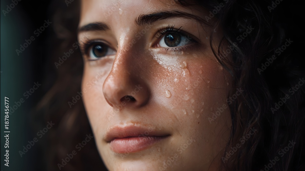 Fototapeta premium Close up portrait of a woman s face skin glistening with sweat droplets suggesting physical exertion or intense emotion