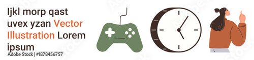 Time management, gaming lifestyle, communication, multitasking, daily routine, modern design. Green gaming controller, a clock and a woman pointing upwards. Time management and gaming lifestyle