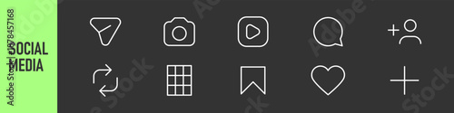 Color line icon set featuring social media symbols including home, search, user, heart, settings, and add symbols. social media notification icons ; like, comment, repost, share, save, UI icons