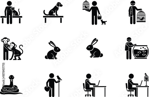 People with pets and domestic animals pictograms set, human and animal interaction icons including dog, cat, bird, and rabbit vector illustration elements,