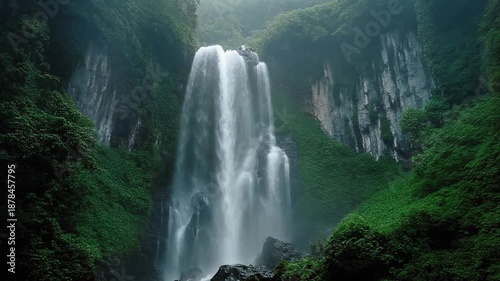 Misty Waterfall in Lush Green Forest Valley.
