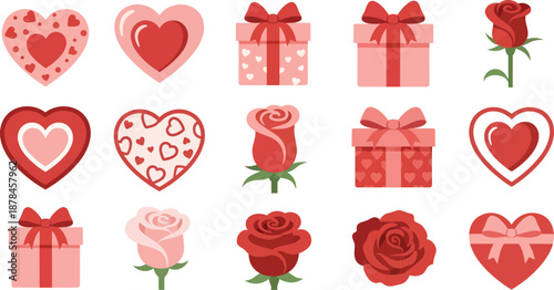 Valentine's day icons featuring hearts gifts and roses