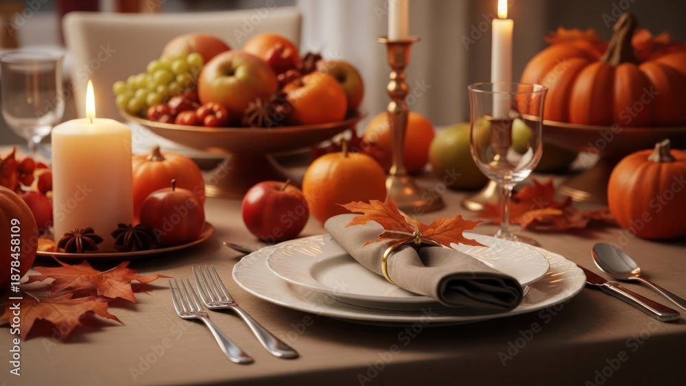 Naklejka premium Festive tablescape with pumpkins, fruit, candles, and elegant place settings