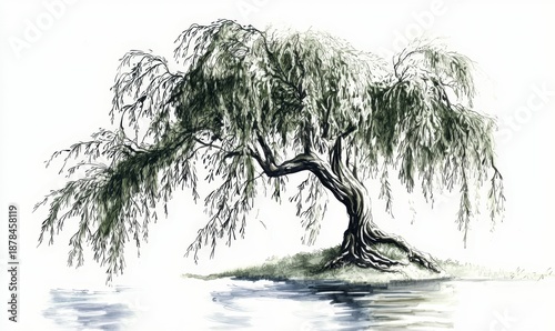 An enchanting illustration capturing the grace of a willow tree near a water body.