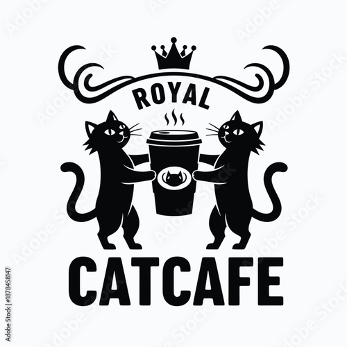 Charming Black Cats Holding a Coffee Cup with Royal Crown and Cafe Sign, Whimsical Pet-Friendly Business Logo