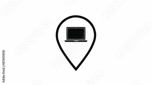 Black map pin with laptop icon.