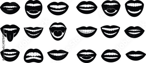 Stylized black mouth expression silhouettes — 20 unique vector icons showing emotion, tongue, teeth, and lip shapes for character design and animation.