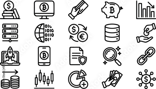 Line art icon set close up grid of cryptocurrency and finance symbols showing piggy bank rocket smartphone server coins magnifier