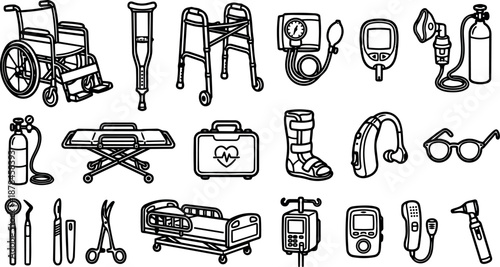Hand drawn line art medical equipment icons set showing wheelchair crutch walker blood pressure monitor oxygen tank stretcher bed iv pump