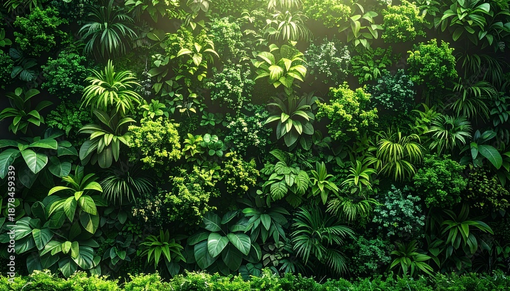 Fototapeta premium Lush green herb and plant wall with dense foliage, natural texture and fresh leaves, soft daylight, calming forest-inspired background, high-resolution nature wallpaper