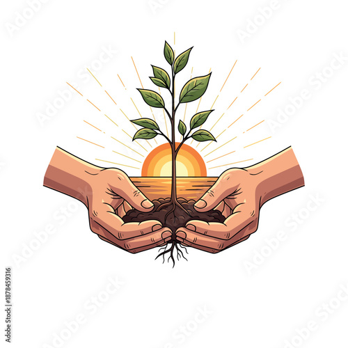 Hands Holding Young Plant with Sunrise