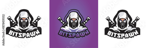 Professional Esports Mascot Logo Set Featuring a Hooded Ninja Assassin with Katana Swords and Bitspawn Text for Gaming Team Branding