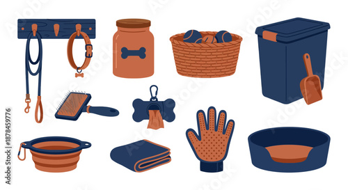 Pet care supply organization icons flat vector pack with leash hook rack ceramic treat jar wicker toy basket food storage bin grooming brush waste bag dispenser travel bowl folded towel grooming glove