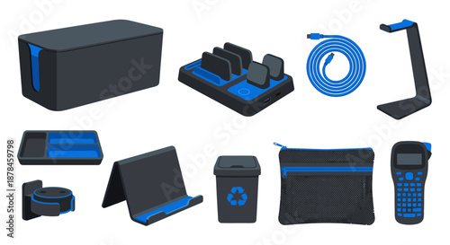 Modern tech cable management organization elements flat vector pack with cable box charging station cord wrap headphone stand remote tray speaker mount laptop stand battery bin mesh pouch 