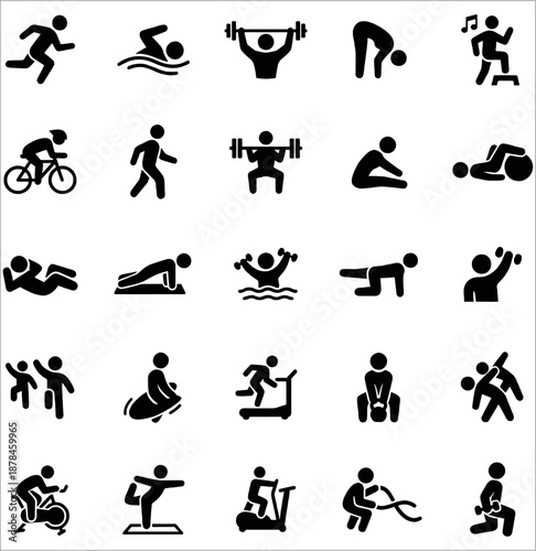 Fitness and Gym Icon Set, Vector Silhouette Pictograms of People Working Out, Exercise and Training Symbols for Sports App and Healthy Lifestyle Design