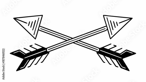 Two crossed arrows pointing in opposite directions with sharp tips and feathers