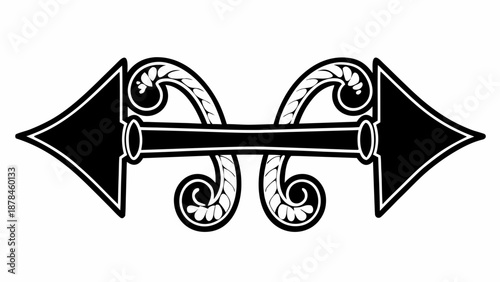 Ornate black and white illustration of a decorative arrow with scrollwork details on a plain background