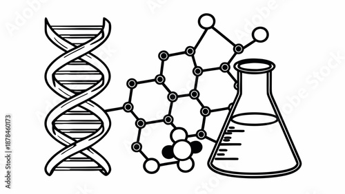 Scientific illustration of DNA, molecular structure, and laboratory equipment in a research setting from a straightforward viewpoint