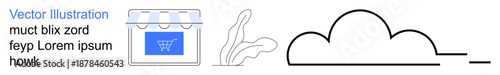 Online shopping, cloud storage, data technology, e-commerce, nature , minimal elements. A storefront icon, plant and cloud. Online shopping and cloud storage concepts