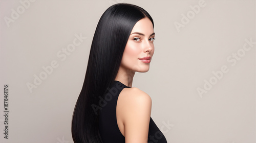 The woman with long straight hair is looking straight ahead