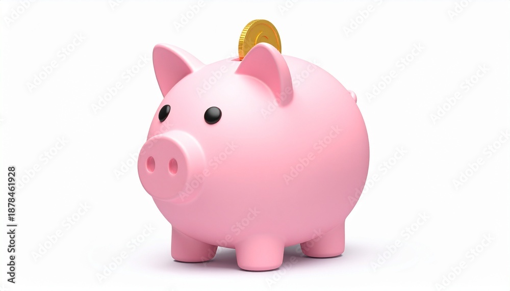 Fototapeta premium A pink ceramic piggy bank isolated on white serves as a financial symbol for business savings and investment to help you save cash and grow your wealth
