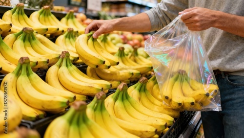 Customer hand selecting ripe yellow banana bunches from a grocery store display shelf and placing them into a clear plastic produce bag.