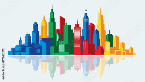 Vibrant cityscape with colorful skyscrapers and reflection.