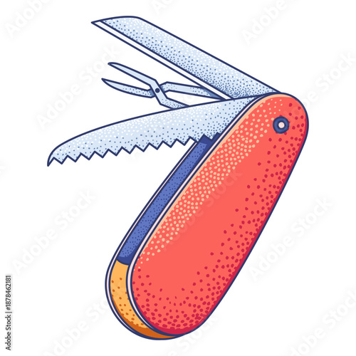 multi-tool pocket knife featuring fold out tools including a blade, scissors, and serrated saw. Designed in a clean, cartoon with textured details.Ideal for outdoor adventure and survival kits visual