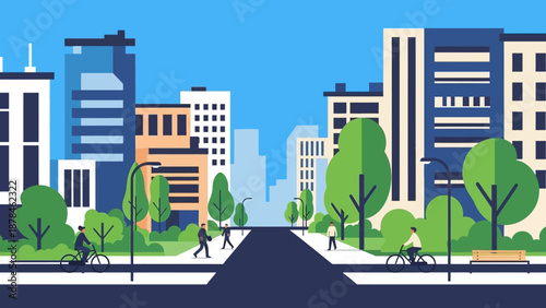 Modern Cityscape with Green Spaces and Pedestrian Walkway.