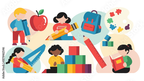 Children Engaged in Educational Activities with Stationery and Toys.