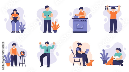 Cartoon people engaging in various daily activities and hobbies.