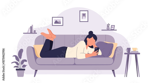 Woman relaxing on a couch using a smartphone in a cozy living room.