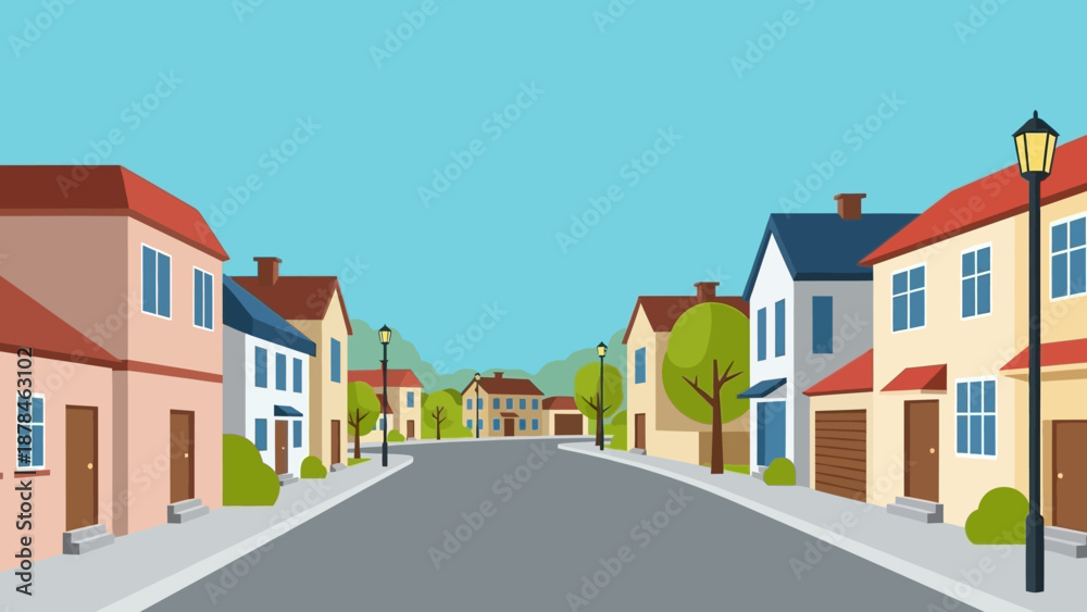 Fototapeta premium A serene suburban street with colorful houses and lush greenery.