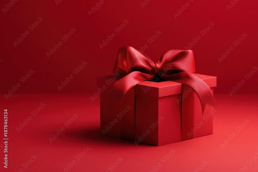 Obraz premium A single red gift box with a satin ribbon bow sits on a vibrant red surface with a warm red background