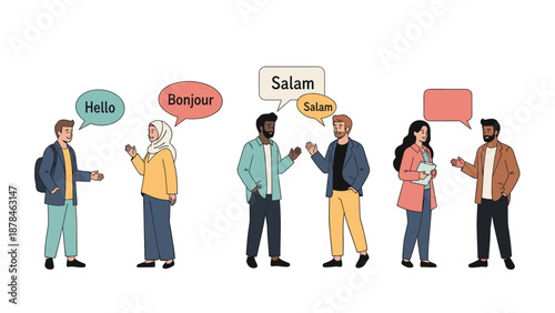 Diverse group of people from different cultures communicating in various languages like English, French, and Arabic.