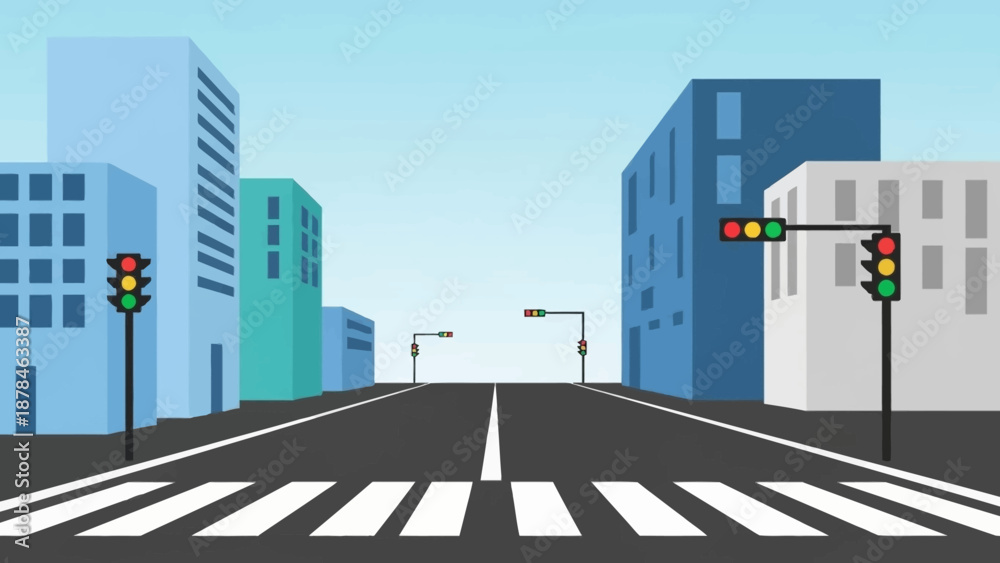 Fototapeta premium Urban cityscape with road traffic lights and crosswalk.