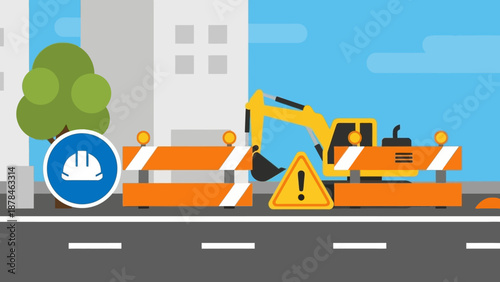 Road construction site with excavator and warning signs.