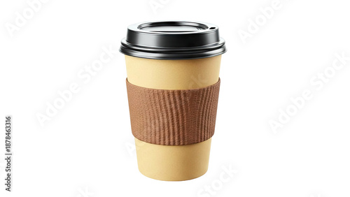 Disposable Coffee Cup with Black Lid and Brown Sleeve