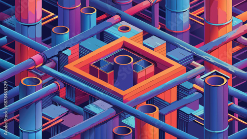 Colorful lines form abstract geometric shapes, creating a lively and modern artistic design..eps