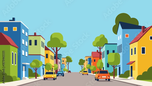Colorful cartoon illustration of a suburban street scene with houses and cars.