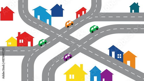 Colorful houses on a road network with vehicles.