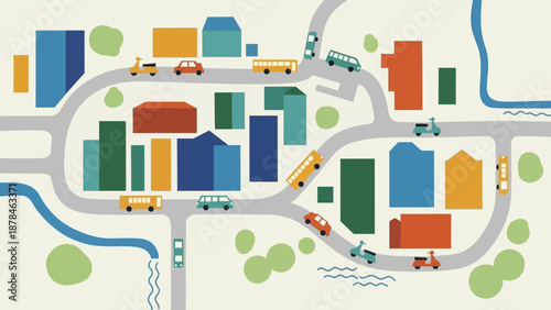 Colorful cartoon cityscape with vehicles and buildings.