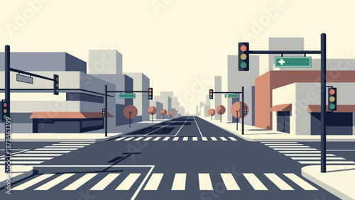 Empty city street with traffic lights and crosswalks.