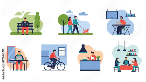 Collection of colorful flat design illustrations depicting people in various daily activities.