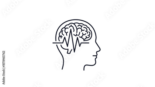 Line icon of a human head with a brain and a brainwave, representing neurology, mental health, or brain activity.