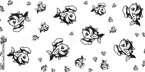 Whimsical cartoon fish wearing chef hats scattered across a white background